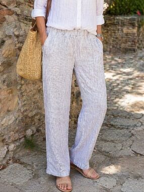 J.Jill Crinkle Cotton Pinstripe Pants Medium Tall Straight Leg Elastic Waist